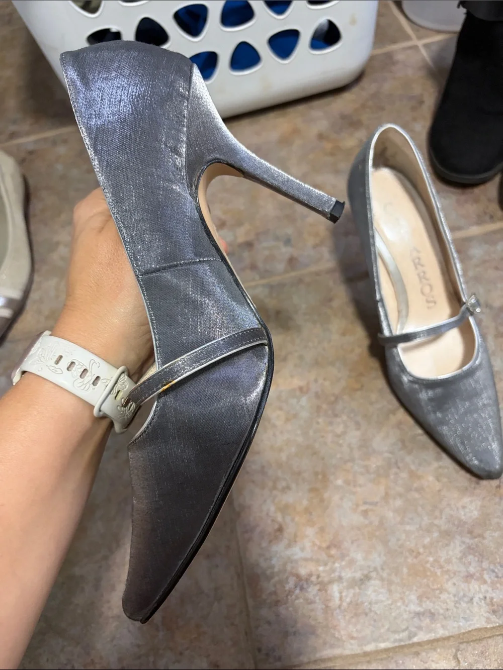 Caparros Silver Pointed Mary Jane Heels